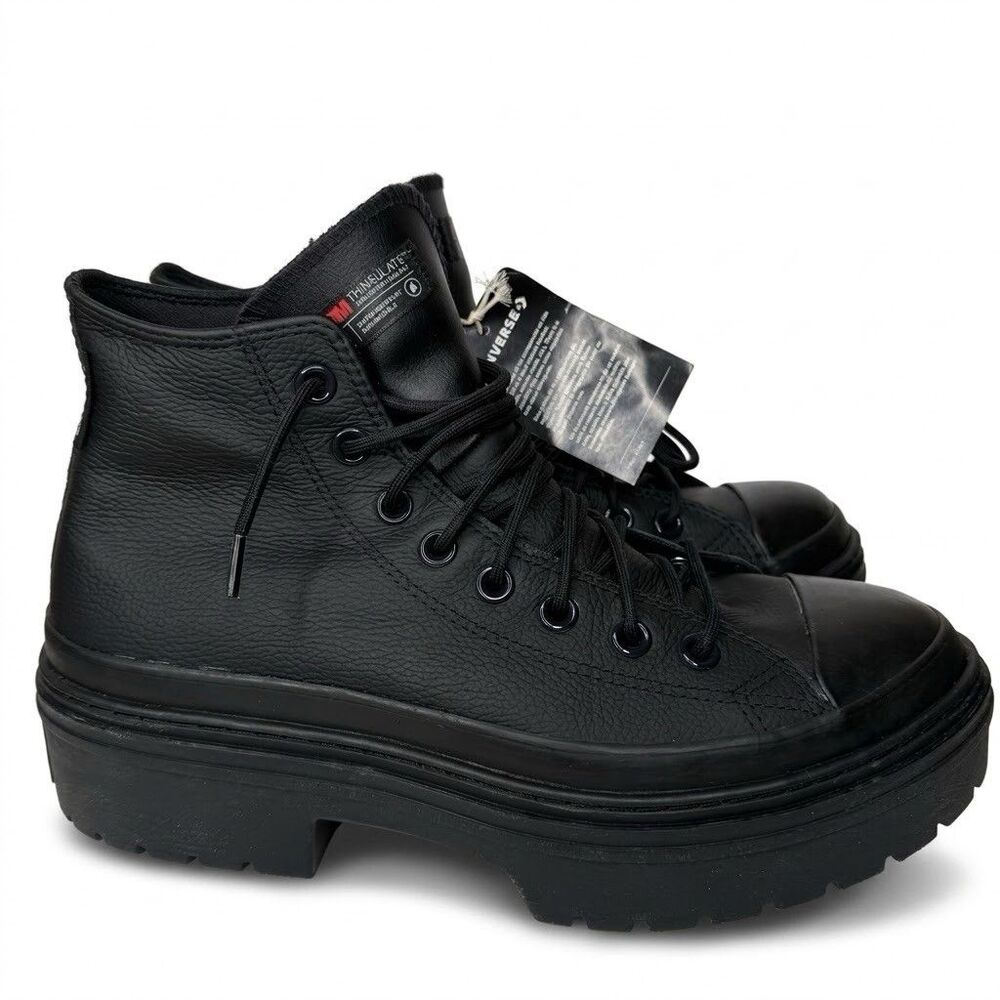Converse Chuck Taylor Lugged Heel Platform Black Leather Boots Womens 10